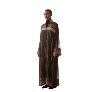 Vintage Lined Coffee &‎ Toffee Embellished Abaya, Kaftan Dress With scarf, M/L
